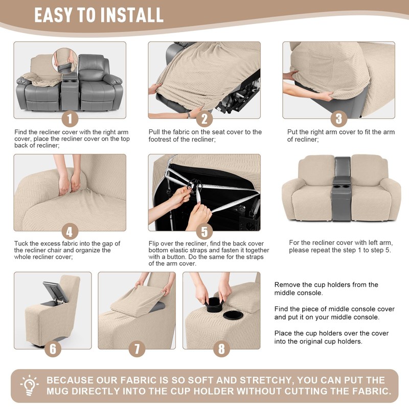 KinCam Loveseat Recliner Covers with Middle Console Slipcover, Recliner Sofa