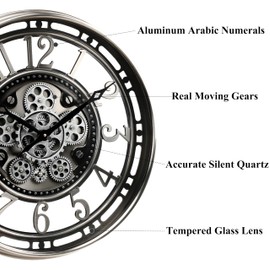 CLXEAST 21 Inch Large Moving Gear Wall Clock,Industrial Steampunk Decor,Decorative Wall Clock for Modern Farmhouse Living Room Decor,Gunmetal Silver Finish