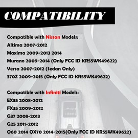 MechanMagic Remote Control Key Fob Replacement for 2007-2012 Nissan Altima/ 09-14 Maxima Murano Infiniti FX35/ 08-13 G37 FX50 Q60 QX70 11-12 G25/ 07-08 G35 KR55WK48903 KR55WK49622 4 Buttons