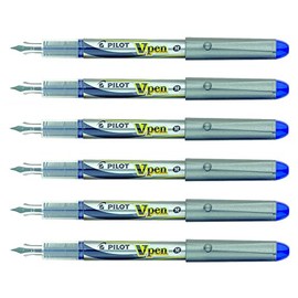 PILOT V-Pen Disposable Fountain Pens Silver Medium Nib Blue (Pack of 6)