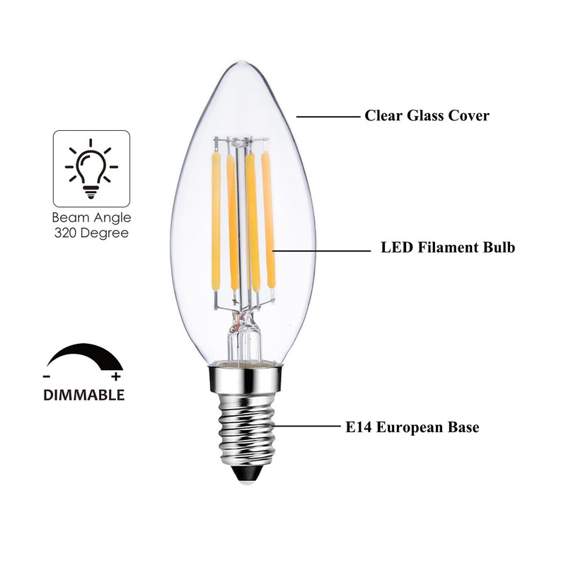 Sunaiony E14 Light Bulb 40 Watt Equivalent Dimmable Candle Bulb