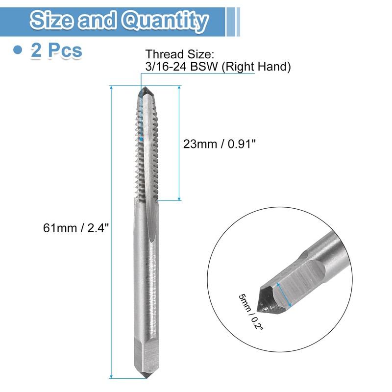 sourcing map 4pcs Straight Flute Thread Tap, 3/16-24 BSW Inches