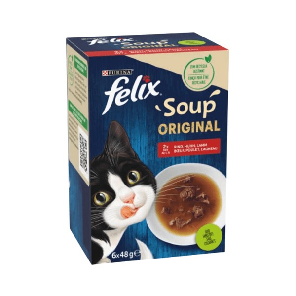 Felix Nassfutter Katze mit Rind, Huhn & Lamm, Soup Original Multipack (6×48 g) 288 g