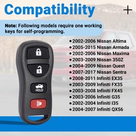 Keyless Entry Remote Control Car Key Fob Compatible with 2002-2017 Nissan Altima/Armada/Maxima/350Z/Quest/Sentra/Infiniti EX35/FX35/ FX45/ G35/I35/QX56 KBRASTU15 4-Btn (Pack of 2)