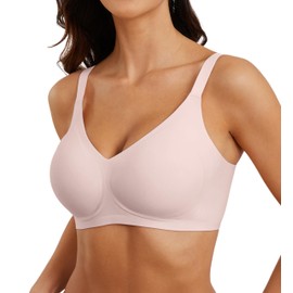POSESHE Women's Seamless Bra Wireless Push Up Support Comfort Full Coverage Bras V Neck Sleep T-Shirt Everyday Bralettes Pink