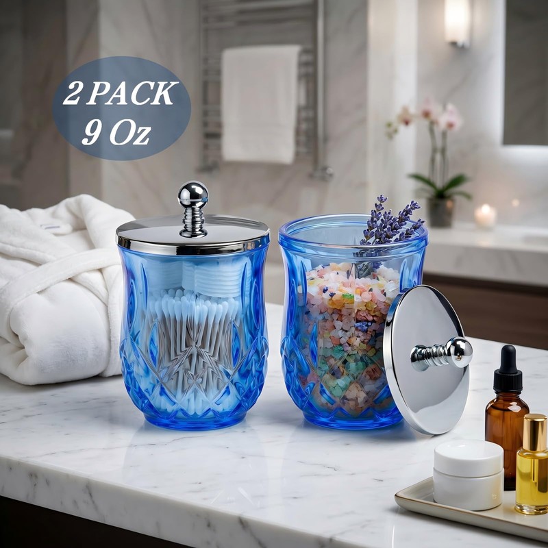 2 Pack Glass Qtip Holder Dispenser Set, Round Bathroom Apothecary
