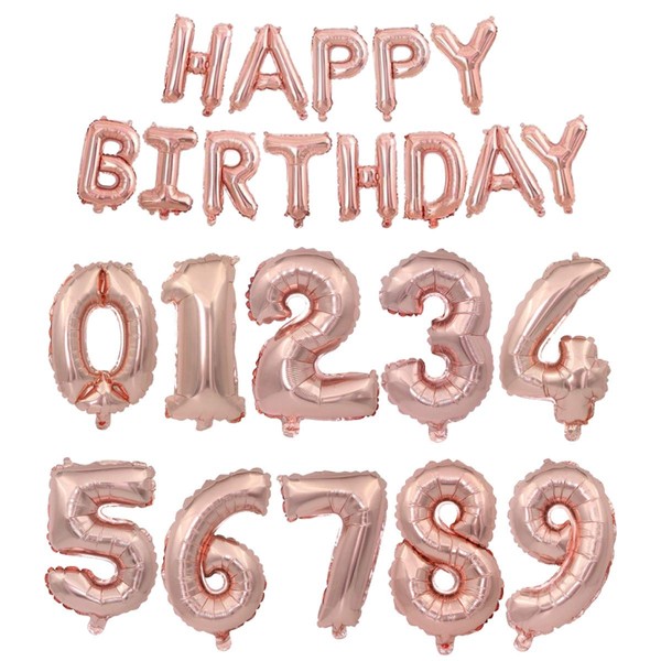 Happy Birthday Mylar Inflatable Balloons Banner with Big Numbers 0-9 (ROSE GOLD)