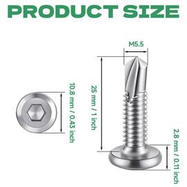 HXJDAM Pack of 120 Flat Head Hexagon Socket Screws Drilling Screws 5.5 x 25 mm 410 Stainless Steel Self-Tapping Screws Self Tapping with Hexagon Socket Drill