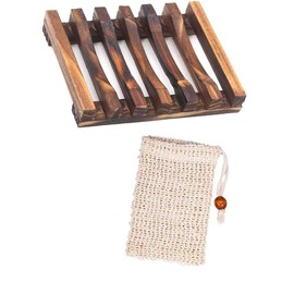 NT-ling 1 Pack Soap Dishes &1PCS Soap Bags, Wooden Soap Dish Holder for Kitchen Bathroom, Plastic Free Sisal Exfoliating Soap Bag Soap Saver Pouch for Face Body Shower