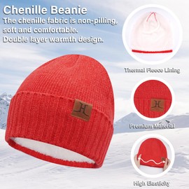 ZASFOU Women's Men's Winter Hat Scarf Touchscreen Gloves Set Thermal Chenille Beanie Winter Hat Loop Scarf Winter Gloves Gift for Men Women, red