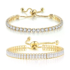 2Pcs Set Cubic Zirconia Crystal Classic Tennis Chain Adjustable Wide Thin Wrap Bracelets for Women Gifts Jewelry Colorful Sparkling Shiny Dainty Elegant Statement-Gold