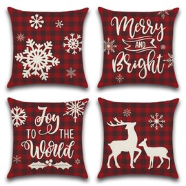 JOTOM Christmas Cushion Covers, 40 x 40 cm, Christmas Decoration, Throw Cushion Covers, Gift, Holiday, Winter, Cushion Covers, Red, Black, Chequered, Merry Christmas Decoration, Pack of 4 (Snowflake)