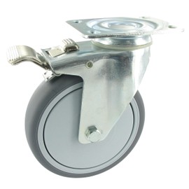 Rollentechnik Swivel Castor with Lock Wheel Thermoplastic Rubber Diameter 100 x 30 with Ball Bearing and Mounting Plate Height 135 mm Load Capacity 80 kg