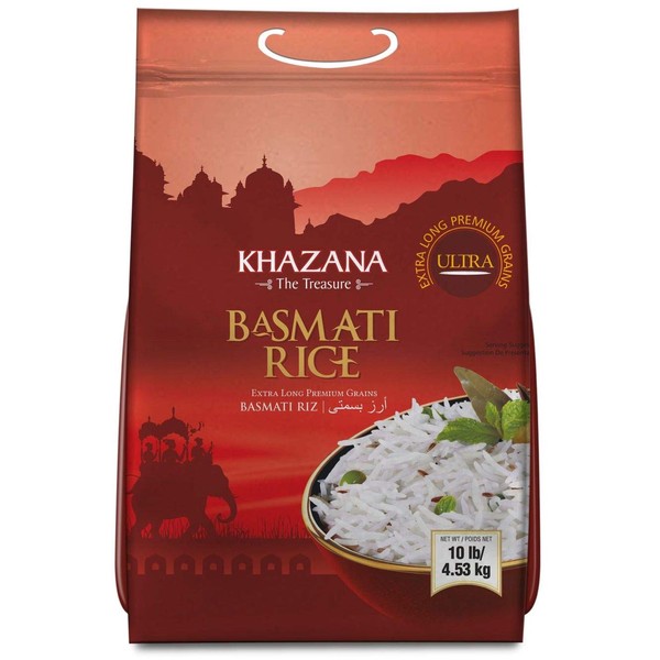 Khazana Premium Ultra Extra Long Basmati Rice - 10lb Resealable Zipper Bag | Aged Aromatic, Flavorful, Authentic Grain From India | GMO-Free, Gluten Free, Cholesterol Free & Kosher