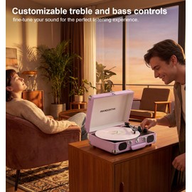 MANGOSTAN Bluetooth Record Player, 3-Speed Belt-Driven Turntable with Built-in Speakers, Vintage Suitcase Vinyl Player with RCA, AUX, Headphone Jack & Auto Stop – Purple