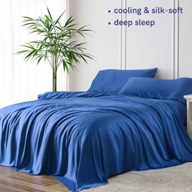 YnM Cooling Bed Sheet Set with 100 Percent Rayon Derived from Bamboo, 400TC Fabric with 2 Pillowcases and Flat Sheet, Deep Pocket Fit 19'', Silky-Soft & Sweat Wicking, 4 Piece (Ca King, Dark Blue)