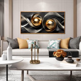 Framed Canvas Wall Art for Living Room Bedroom Office Black and Gold Geometric Abstract Canvas Prints Large Modern Wall Art Size 24x48 inches