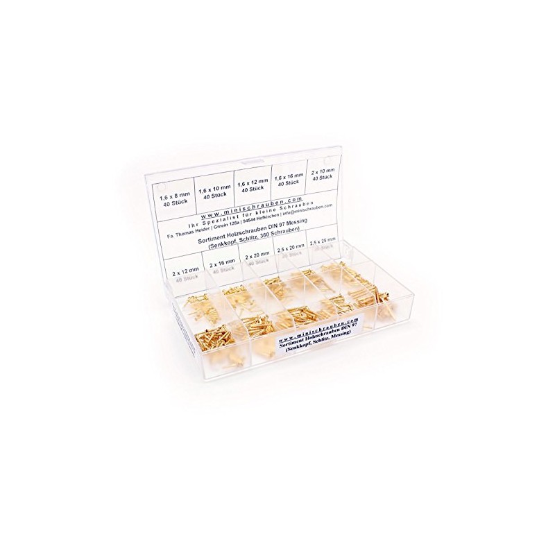 Minischrauben.com Assortment Box with 360 Pieces Small Brass Wood Screws