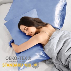 Vielit Set of 2 Satin Pillowcases, Soft as Silk Pillowcases, Better Care Than Silk Pillowcases, for Hair and Skin, with 2 Hair Scrunchies, 50 x 70 cm, Blue