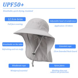 Anseom Sun Hats UV Protection Unisex SPF 50+, Wide Brim Summer Hat, Breathable Sun Hat with Neck Protection, Sun Protection Cap, Hiking Hat, gray, Unit size