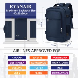 BAHIWOM for Ryanair Cabin Bags 40x20x25 Underseat Travel Backpack Carry-Ons Hand Luggage Cabin Bag Size 20L, Daypack School Office Bag with USB Port, Trolley Sleeve, Anti Theft Pocket (Blue)