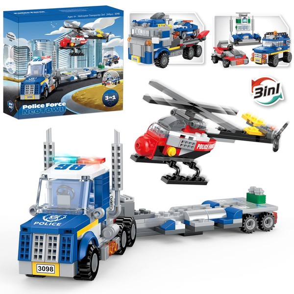 COGO MAN 3in1 City Police Building Set, Police Car Transporter Building Toys, Police Truck with Trailer & Rescue Helicopter, Police Chase Building Kit, Gift for Boys Kids Aged 6-12, 249 PCS