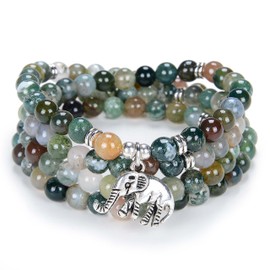 108 Mala Beads Tiny Elephant Lucky Charm Wrap Bracelet Necklace Self Discovery Yoga Inspirational Jewellery (Indian Agate)
