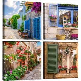 OKEXCKK Tuscan Wall Art Decor, Italy Window View Paintings Nature Landscape Pictures Mediterranean Street Canvas Prints for Bedroom, Living Room, Office Wall Decoration