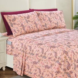 Elegant Comfort Softest and Coziest 4-Piece Sheet Set - 1500 Premium Hotel Quality Microfiber - Deep Pocket, Wrinkle Resistant 4-Piece Paisley Pattern Bed Sheet Set, Twin, Paisley Coral