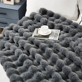 JONIYEAR Large Solid Thick Bubble Faux Rabbit Fur Bed Blanket Queen Size 80" x 90", Decorative Cute Cozy Fluffy Gray Warm Blanket for Winter,Reversible Big Luxe Fuzzy Comfy Shaggy Furry Blankets, Grey
