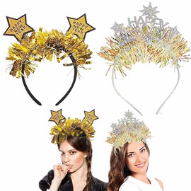 PEFOLOC Happy New Year Headbands, Pack of 2 New Year's Eve Headband, 2024 New Year Party Headband, Glitter Star Silver Gold New Year's Eve Hair Band, for Children Adults 2024 New Year's Eve Decoration