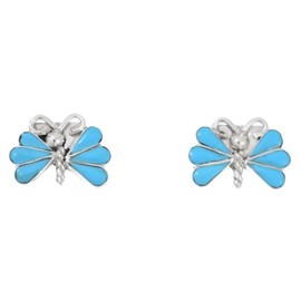 Petite Zuni Turquoise Silver Butterfly Earrings Cute Inlaid Sterling Pattern Post Studs 0827