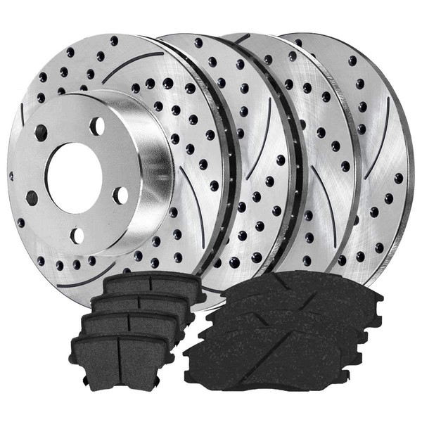 AutoShack Front and Rear Drilled Slotted Brake Kit Rotors Silver