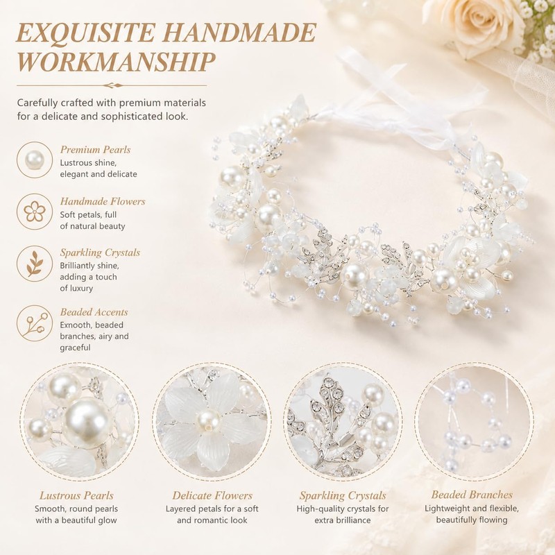 2 Pcs Flower Girl Headpiece, Silver Pearl Rhinestone Flower Hair