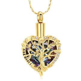 QGJNSGC Tree of Life Urn Necklace for Ashes Heart Cremation Jewelry Urns Pendant Keepsake Funeral Urns Memorial Lockets for Women Men (Gold&Purple)