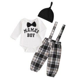 Hnyenmcko Newborn Baby Boy Fall Outfits Letter Print Long Sleeve Romper Suspender Pants Hat Sets Infant Boy Winter Clothes (A-White, 0-3 Months)