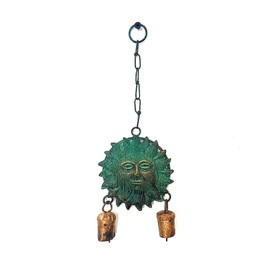 Metal Sun Wind Chime with Cow Bells – 12.6" x 4.6", Green Patina & Copper Finish, Celestial Garden Decor for Patio, Porch, or Balcony