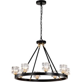 SYGELER Matte Black + Gold Wagon Wheel Chandelier Farmhouse Crystal Round Chandelier for Living Room Kitchen Island Foyer Hallway Entryway Bedroom Rustic Dining Room Light Fixture Ceiling Hanging