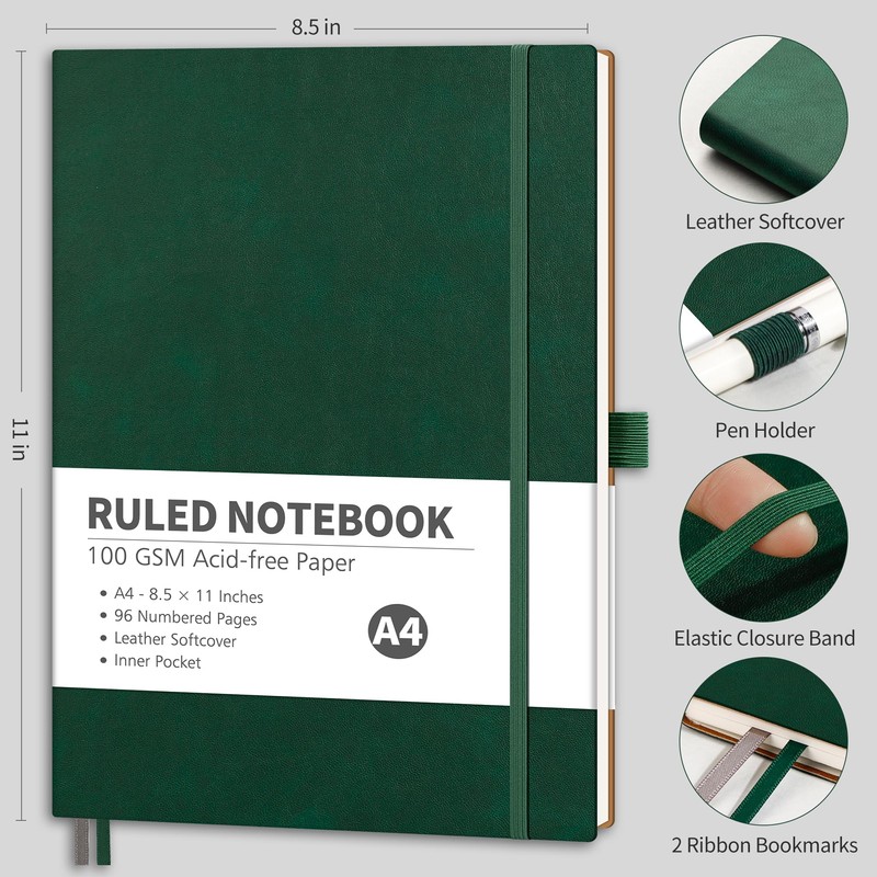 RETTACY Lined Journal Notebook, 96 Numbered Pages, A4 Large Size
