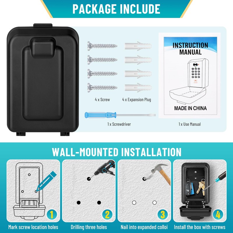 Key Lock Box with Code, Wall-Mounted LockBox for Keys with