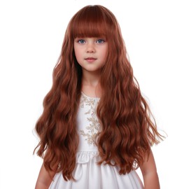 Edivd Girls Dark Orange Wig Kids Long Dark Orange Wig with Flat Bangs for Girls Child Wavy Curly Wigs Heat Resistant Synthetic Wigs with Cap