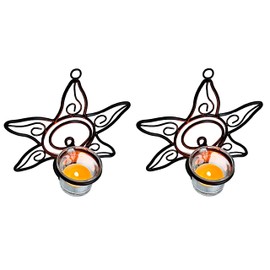 Lily’s Home Southwestern Sun Decorative Votive Candle Tea Light Wall Mount Sconces, Black Steel, with Clear Glass Tealight Candle Holders, Set of 2