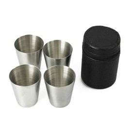 Blovess Juego de 4 vasos tiro de acero inoxidable con negro Funda de cuero