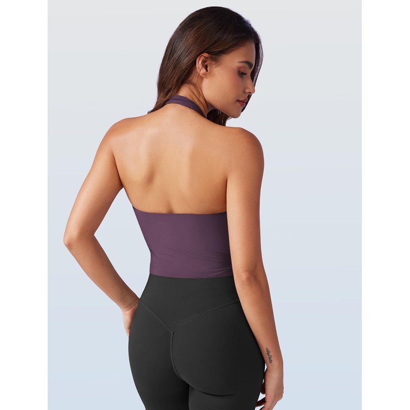 VOYJOY Women Halter Crop Top Padded V Neck Backless Sleeveless
