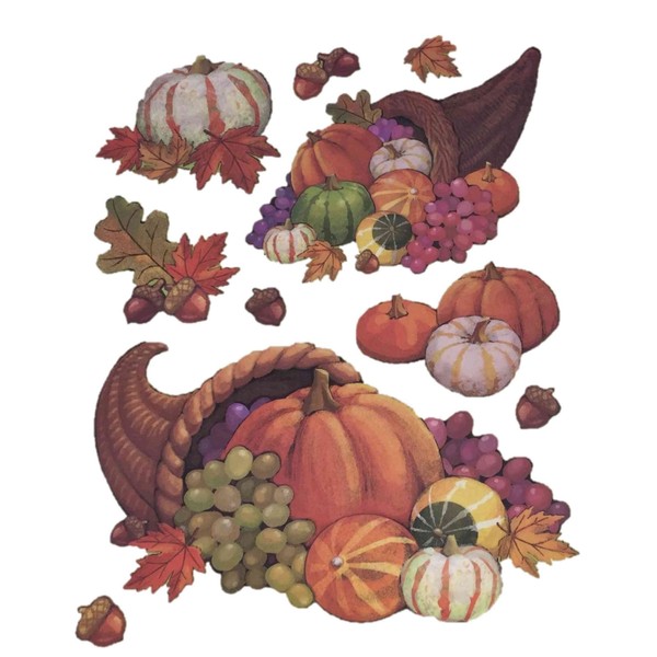 Fall Harvest Reusable Window Clings, Horn of Plenty with Pumpkins,