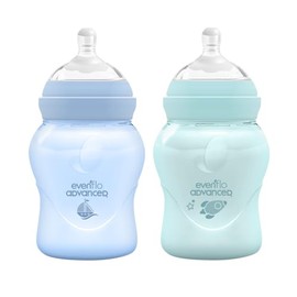 Evenflo Advanced Biberón Anticólicos Avanzado, Cuello Ancho, Azul y Verde Turquesa, Silicón Grado Alimenticio, 150ml, Sistema Doble Válvula, Flujo Lento, para Bebés 0-3 Meses, Paquete de 2 Piezas