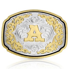 Montana Silversmiths Engraved Filigree Silver and Gold Tone Initial Rope Border Western Belt Buckle