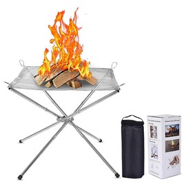 ibforcty Portable Foldable Outdoor Camping Fire Pit, 304 Stainless Steel Mesh Fireplace Picnic Campfire Fire Pit Wood Burning with Carry Bag for Patio, Camping Backyard and Garden (L (56cm*56cm*43cm))