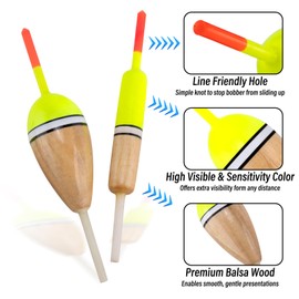 Dr.Fish 6 Pack Fishing Bobber Floats Balsa Wood Slip Bobbers for Fishing Crappie Trout Bass Bluegill Panfish Catfish Walleye Oval 2.3''