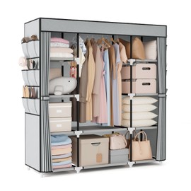 VTRIN Portable Closet Wardrobe for Hanging Clothes 57.3 Inch Large Capacity Clothes Rack with Cover, 10 Storage Organizer Shelves, 1 Hanging Rods and 6 Pockets, Free Standing Closet for Bedroom, Grey